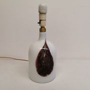 Older table lamp in milky white opaline glass with purple pattern / details from danish holmegaard.