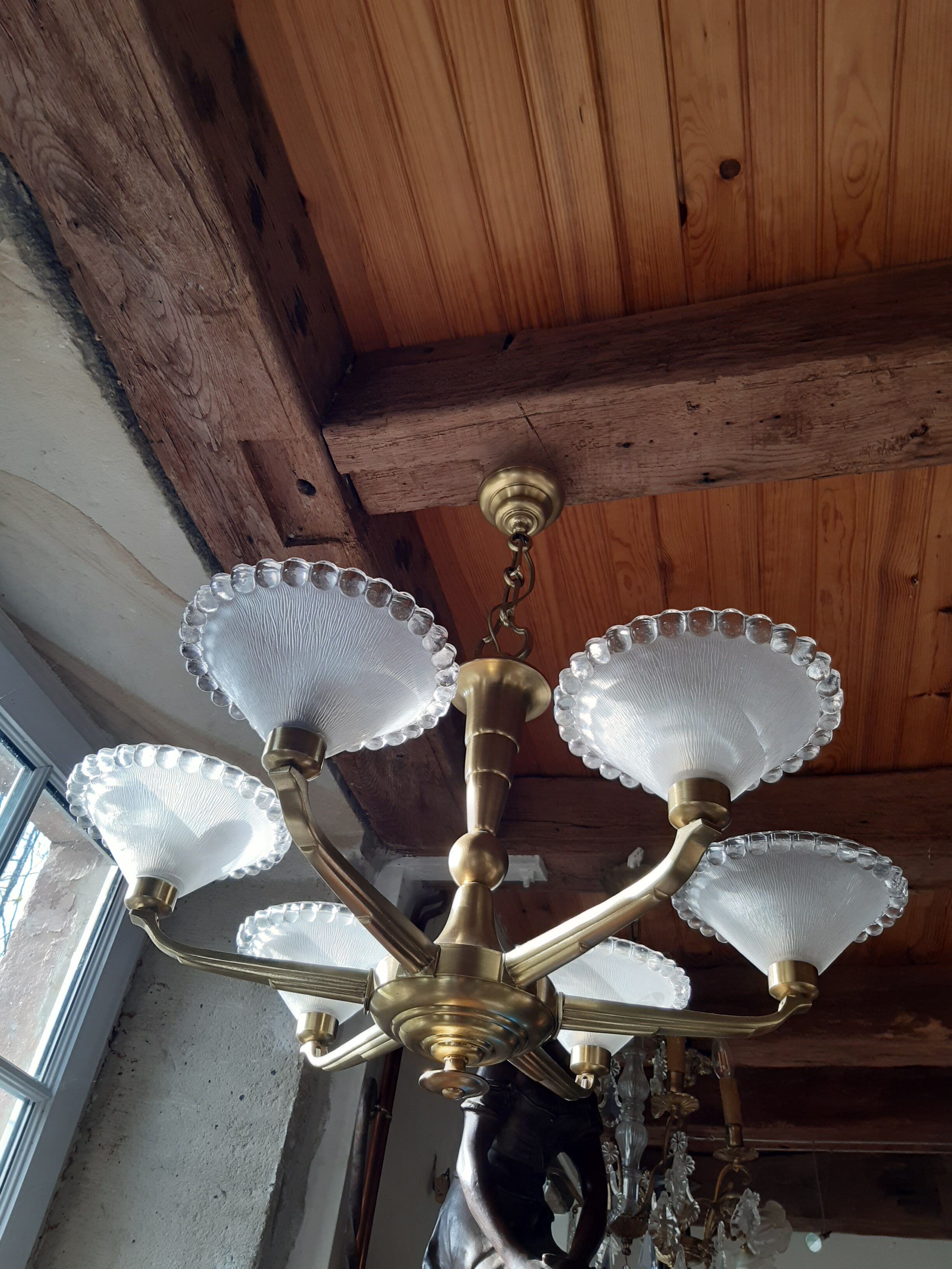 Old art deco bronze chandelier 6 branches frosted molded glass.