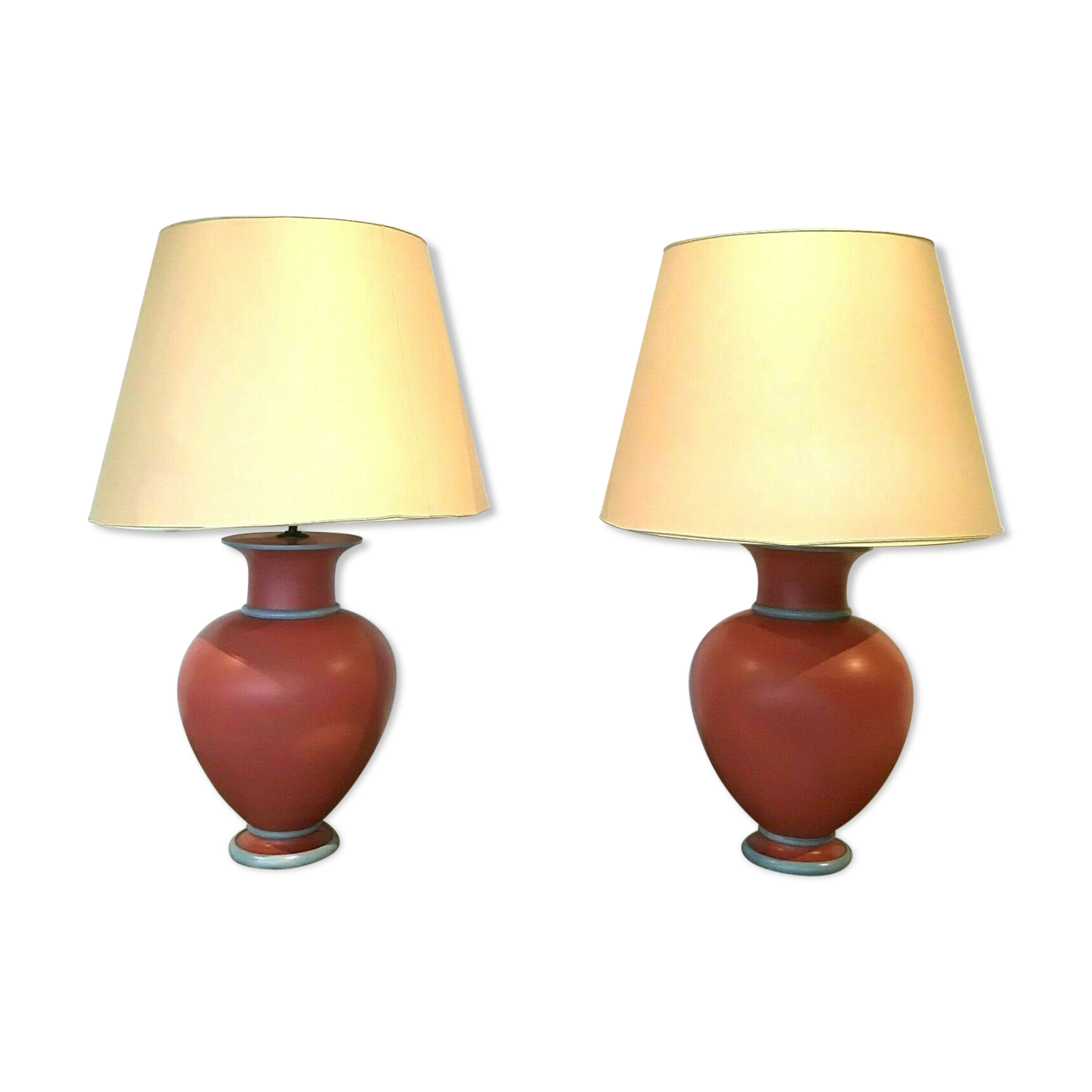 Pair of earthenware lamps with pink and gray patina XX century