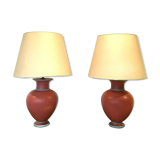 Pair of earthenware lamps with pink and gray patina XX century
