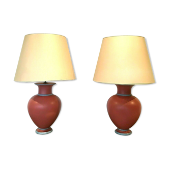 Pair of earthenware lamps with pink and gray patina XX century
