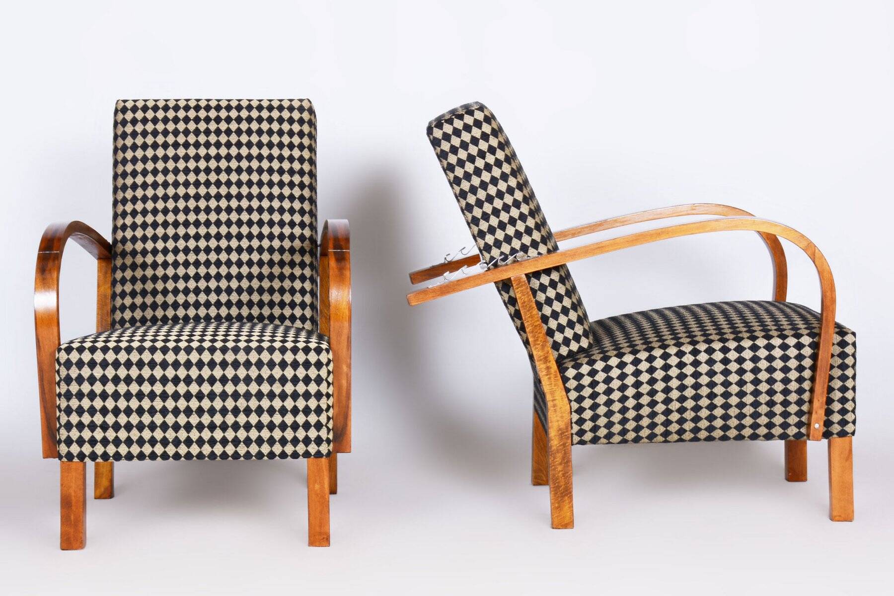 Art Deco Walnut Reclining Chairs, Czechia, 1930s, Set of 2