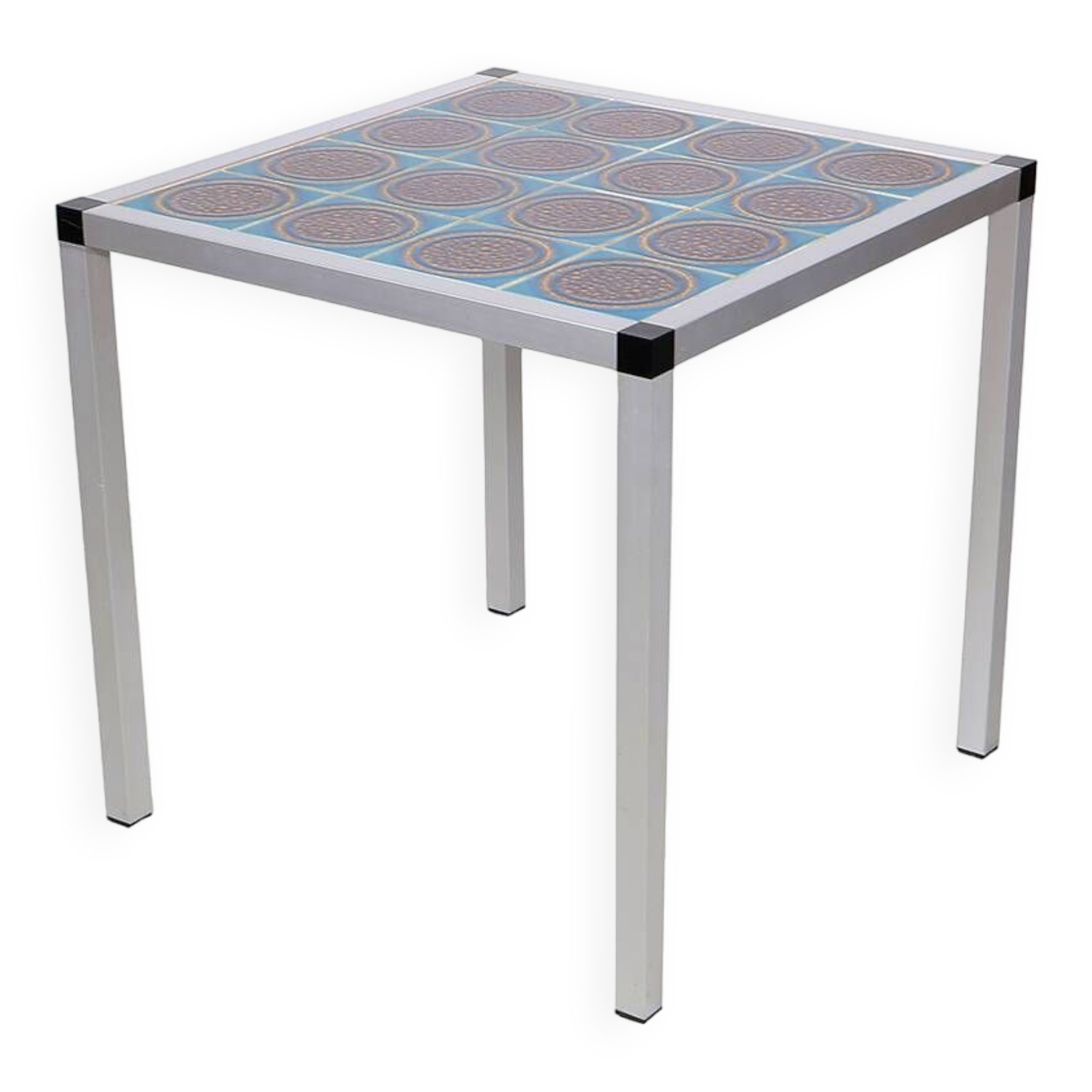 Vintage Danish design metal side table with tiles in a beautiful aqua color made in the 1970s. The f