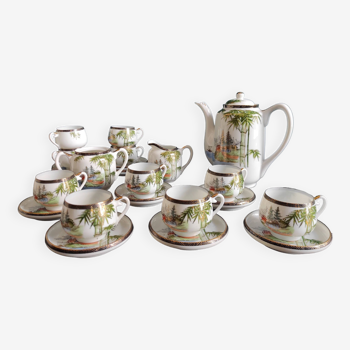 Vintage Japanese tea set for 10 people with a geisha lithophane, Soko china Satsuma porcelain