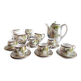 Vintage Japanese tea set for 10 people with a geisha lithophane, Soko china Satsuma porcelain