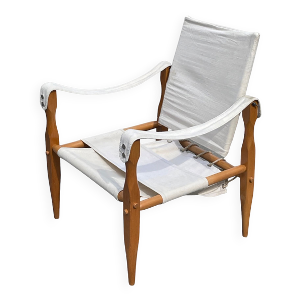 Fauteuil safari vintage 1960 Danemark avec toile design minimaliste