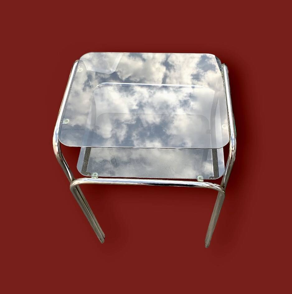 Vintage side table in chromed metal and smoked glass - modernist style