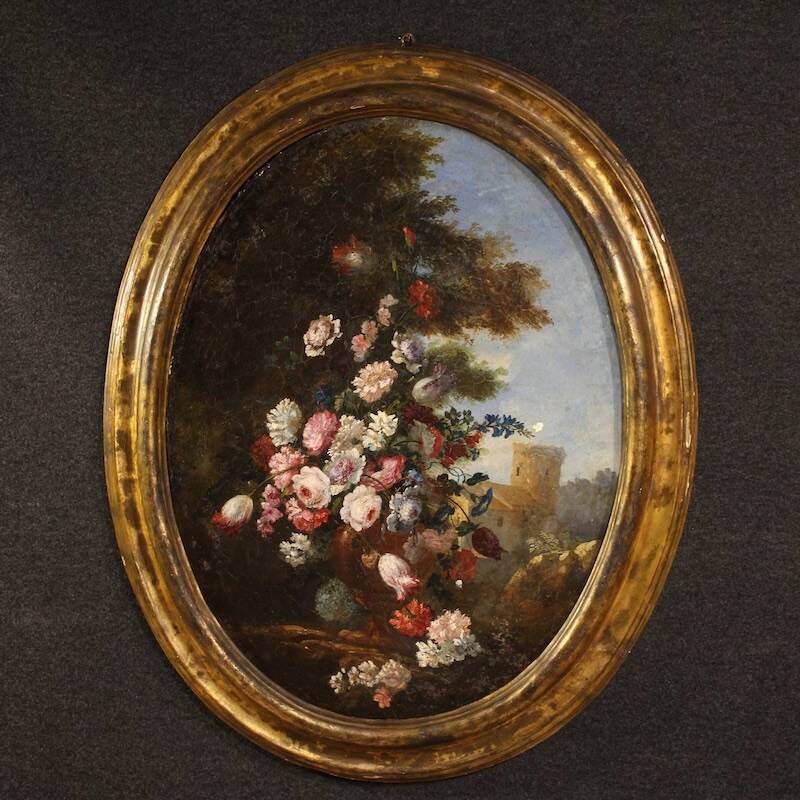 Peinture de nature morte ovale italienne antique du XVIIIe siècle