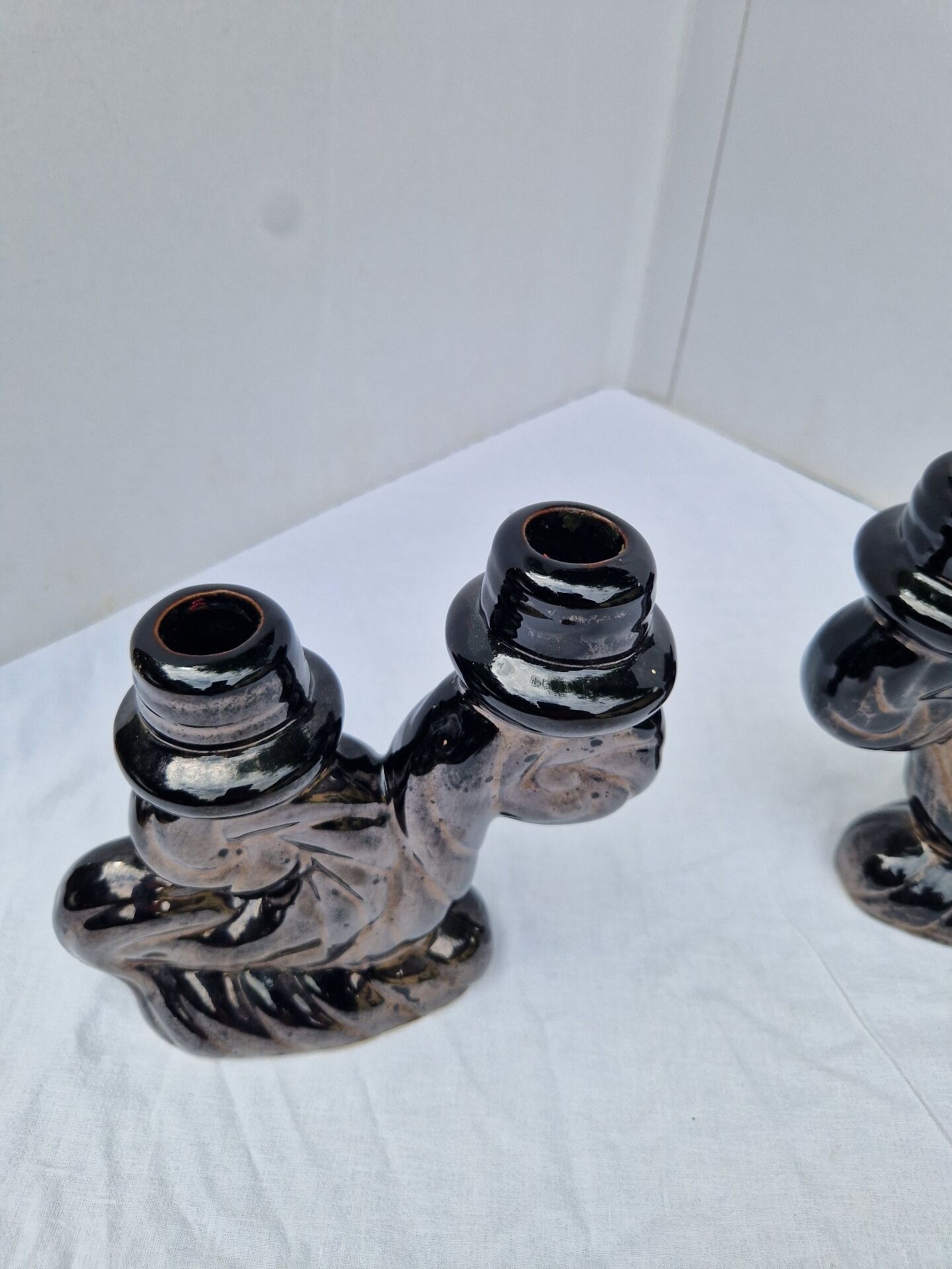 Set of 2 vintage two-light candle holders in Vallauris ceramic design.