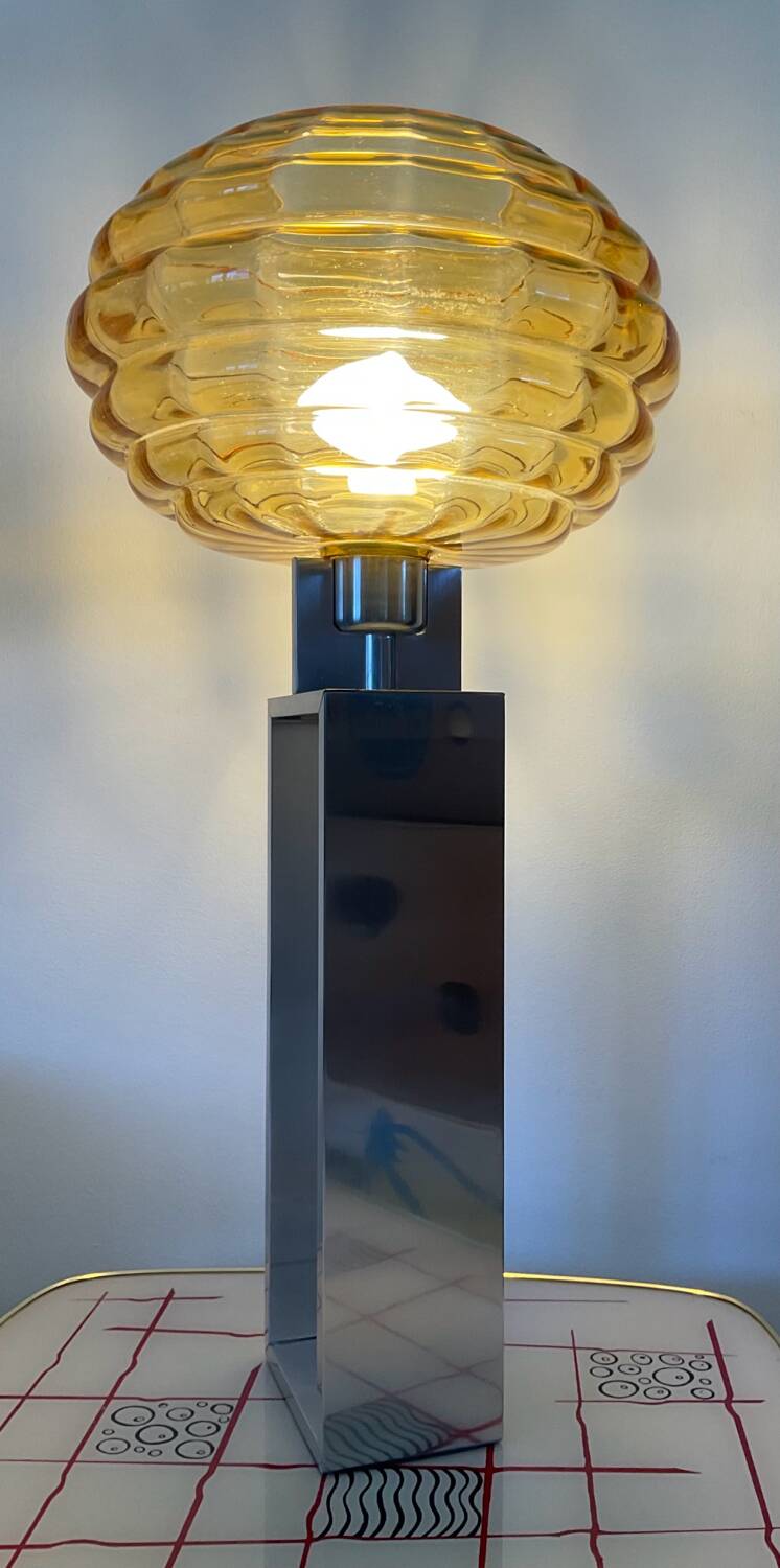 Vintage lamp in amber glass and aluminum