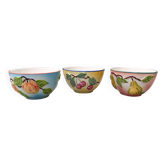 3 slip style bowls signed GV - Cherry, pear and peach patterns.