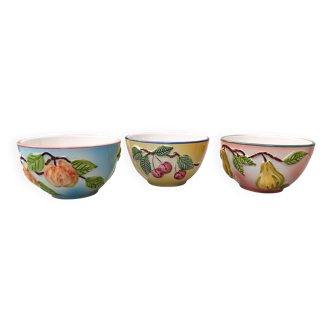 3 slip style bowls signed GV - Cherry, pear and peach patterns.