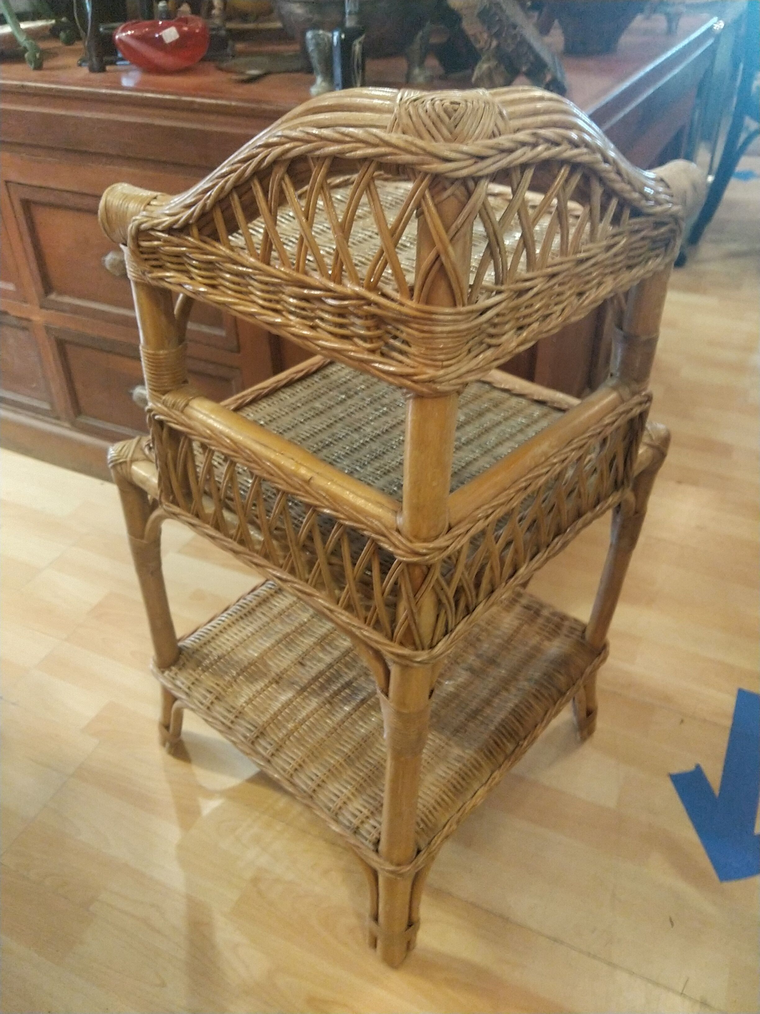 Corner shelf in bamboo and rattan, circa 1975