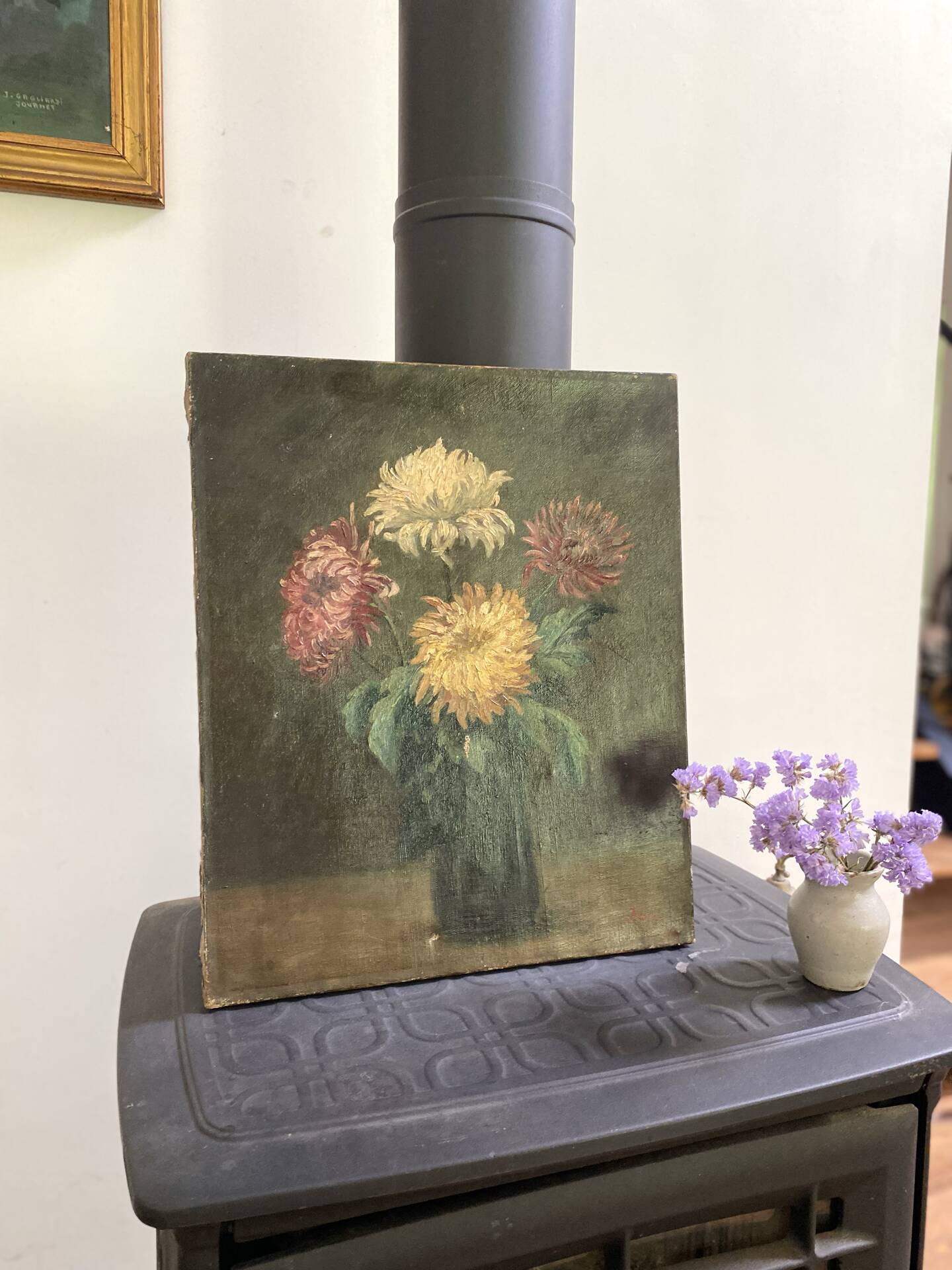 Old Painting Oil on Canvas Late 19th Century – Still Life with Chrysanthemums