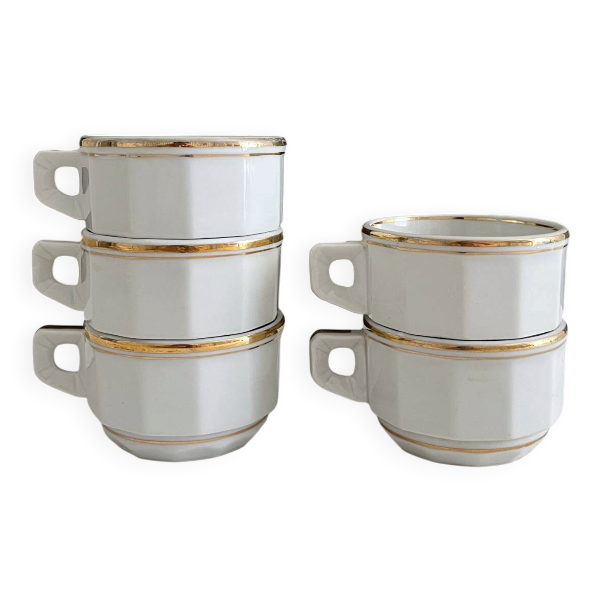 5 vintage porcelain bistro coffee cups from Paris with gold trim.