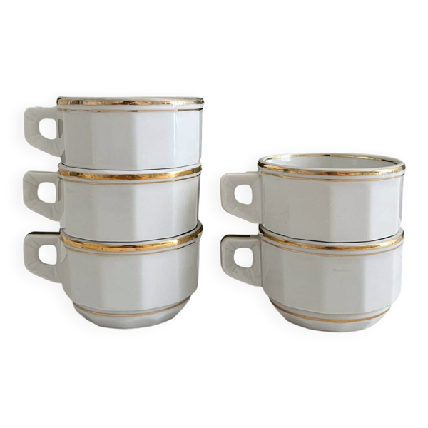 5 tasses à café bistrot parisien en porcelaine et filets dorés vintage