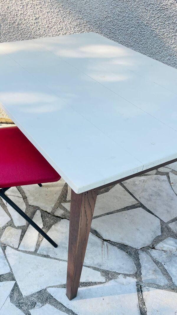 Table de ferme vintage chêne plateau blanc