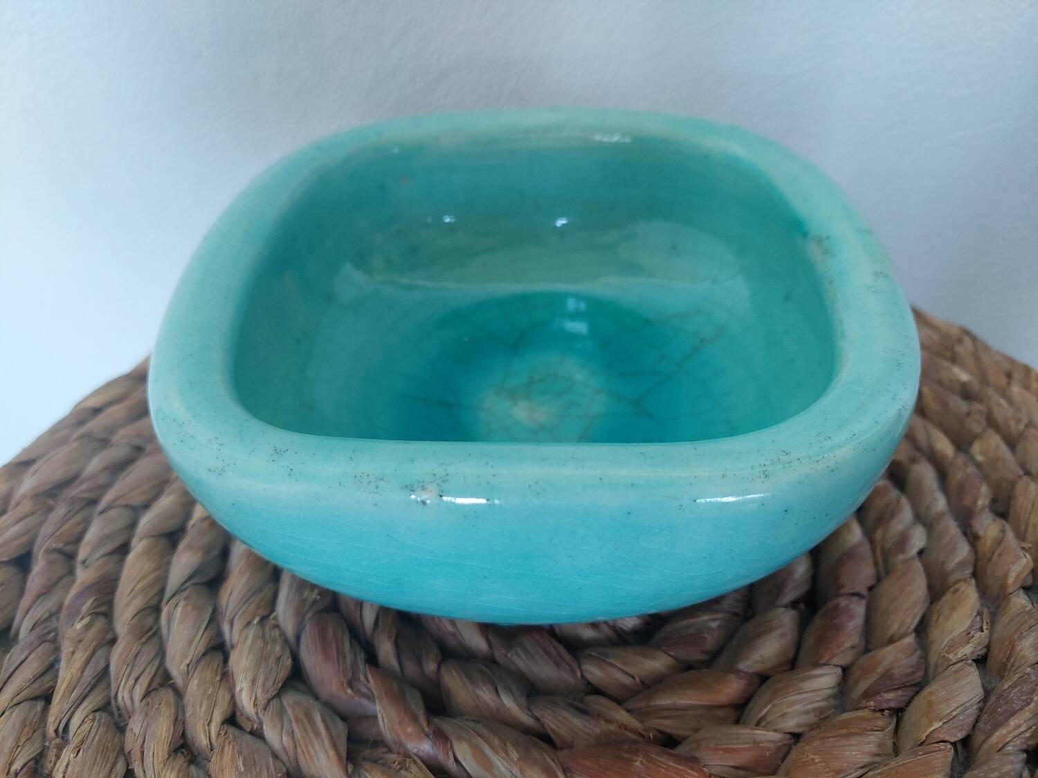 Art deco bowl signed Keramos in turquoise cracked ceramic