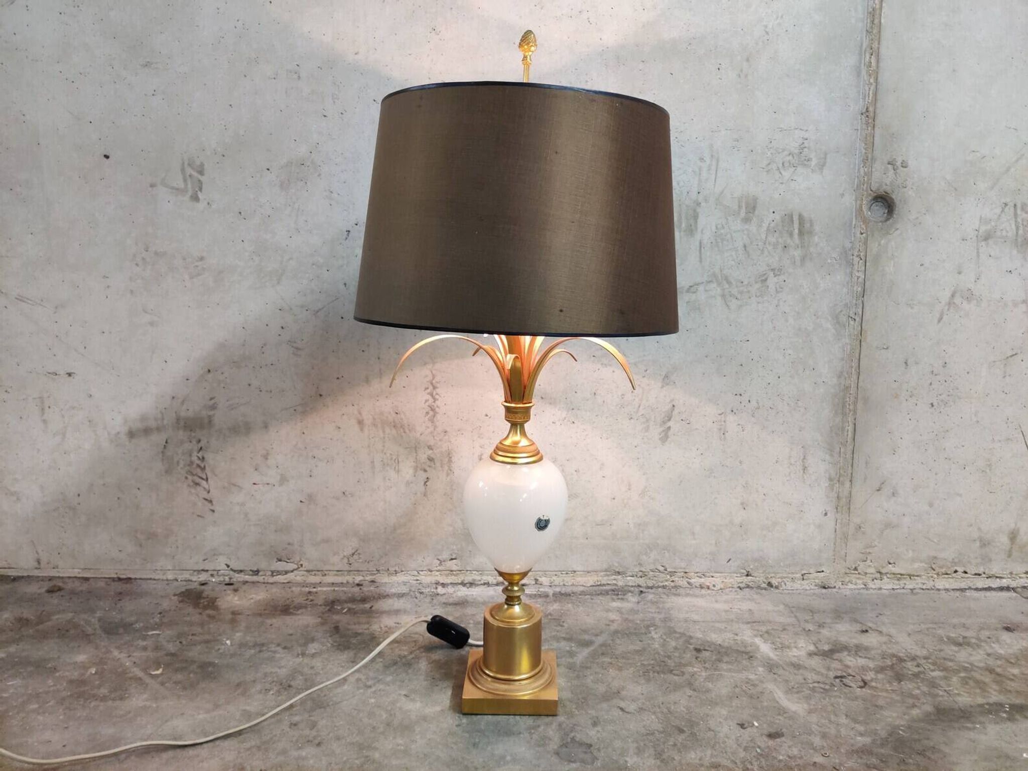 Brass And Opaline Pineapple Leaf Table Lamp 1960s