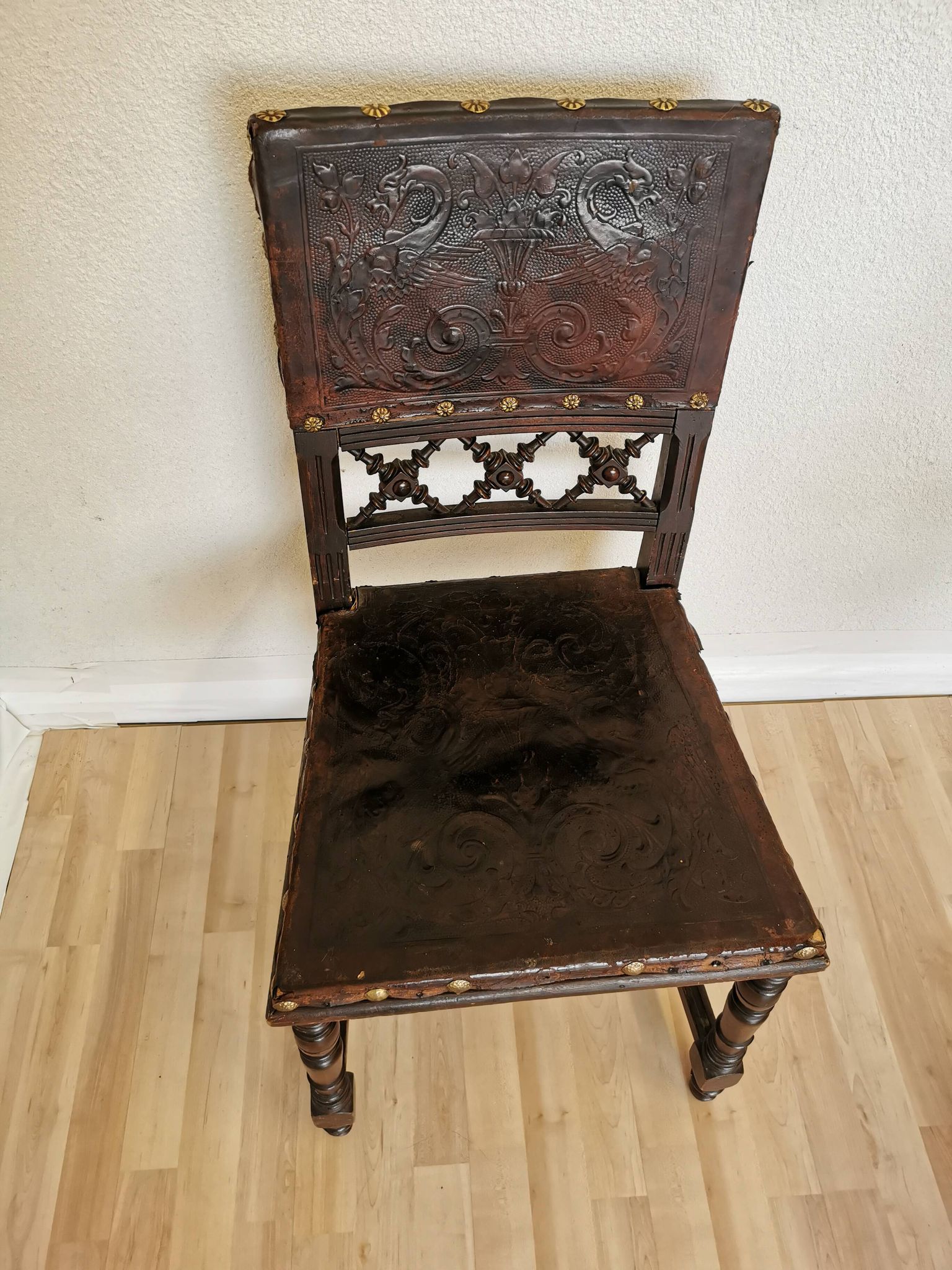 Antique 1930s Leather Dining Chair: Carved Wood Base, Metal Accents