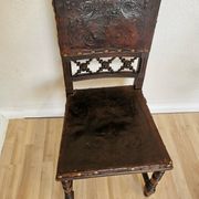 Antique 1930s Leather Dining Chair: Carved Wood Base, Metal Accents