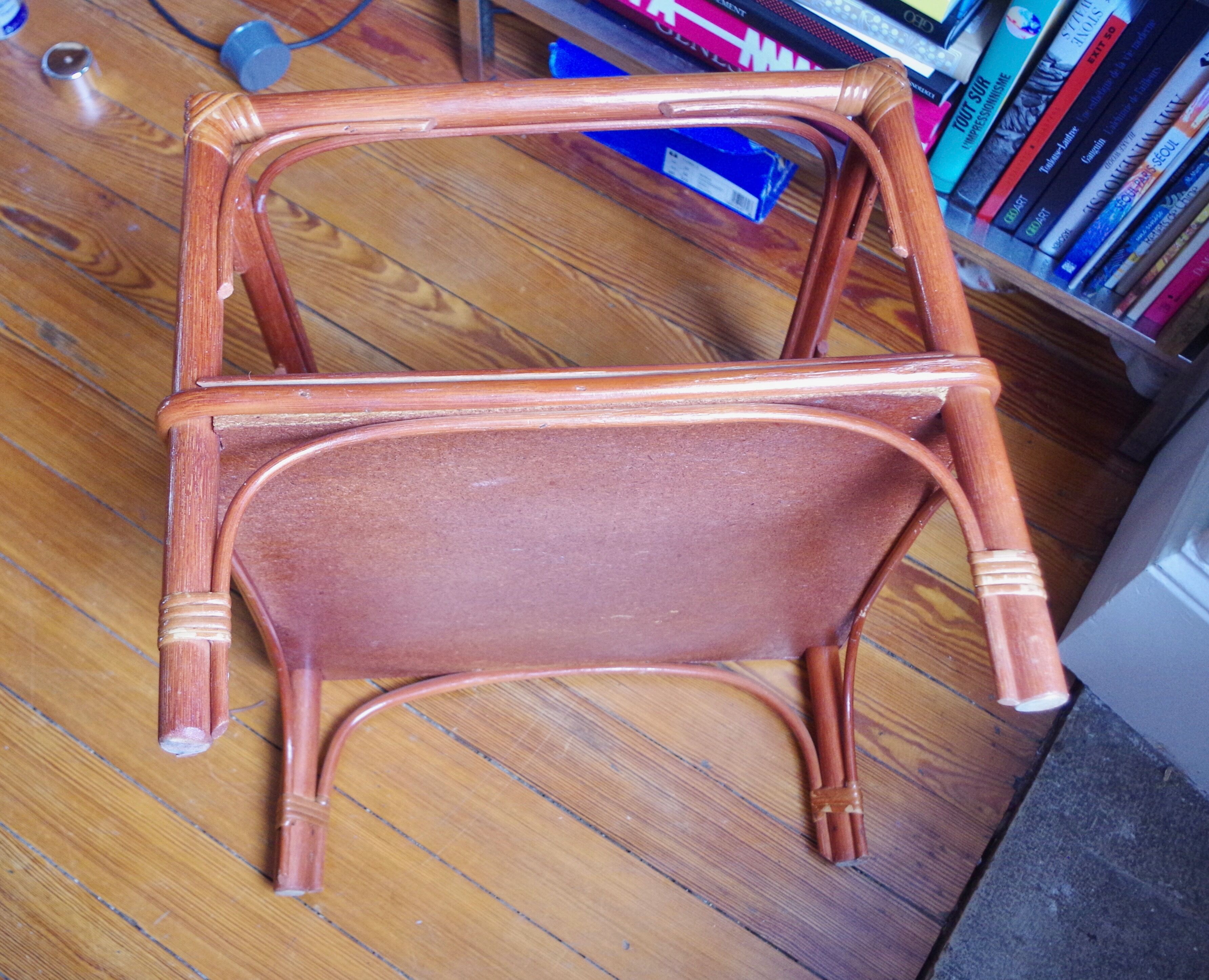 Varnished rattan coffee table and smoked glass top