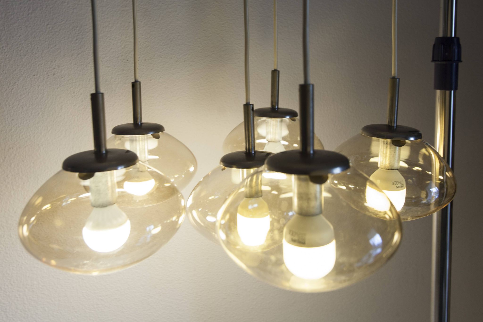 Light smoked glass water drop chandelier with 6 drops from the 1960s.