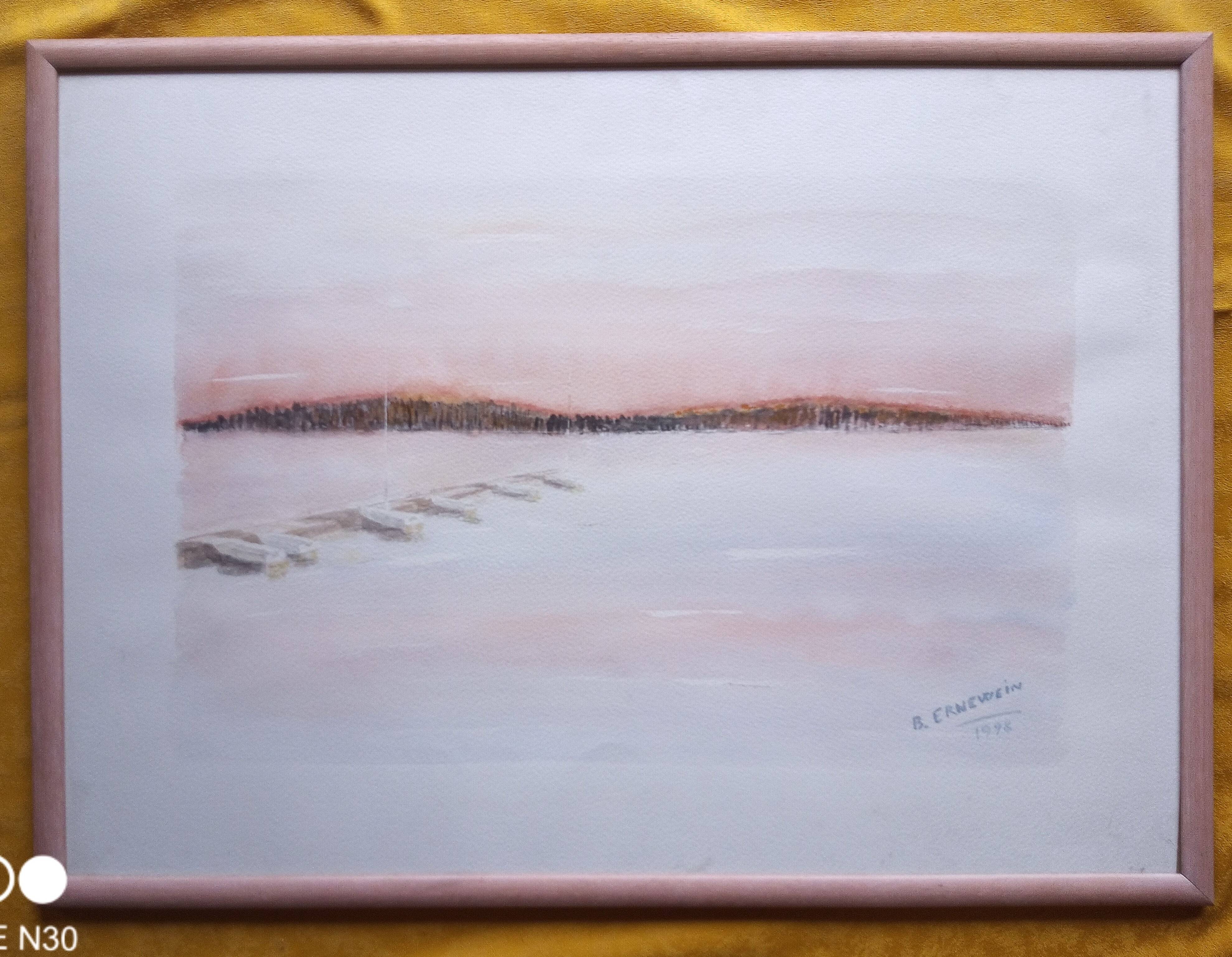 Watercolor on paper - sunset on a beach with boats, framed, signed B. Ernewein