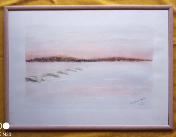 Aquarelle sur papier - couché de soleil sur une plage avec barques, encadrée, signée B. Ernewein