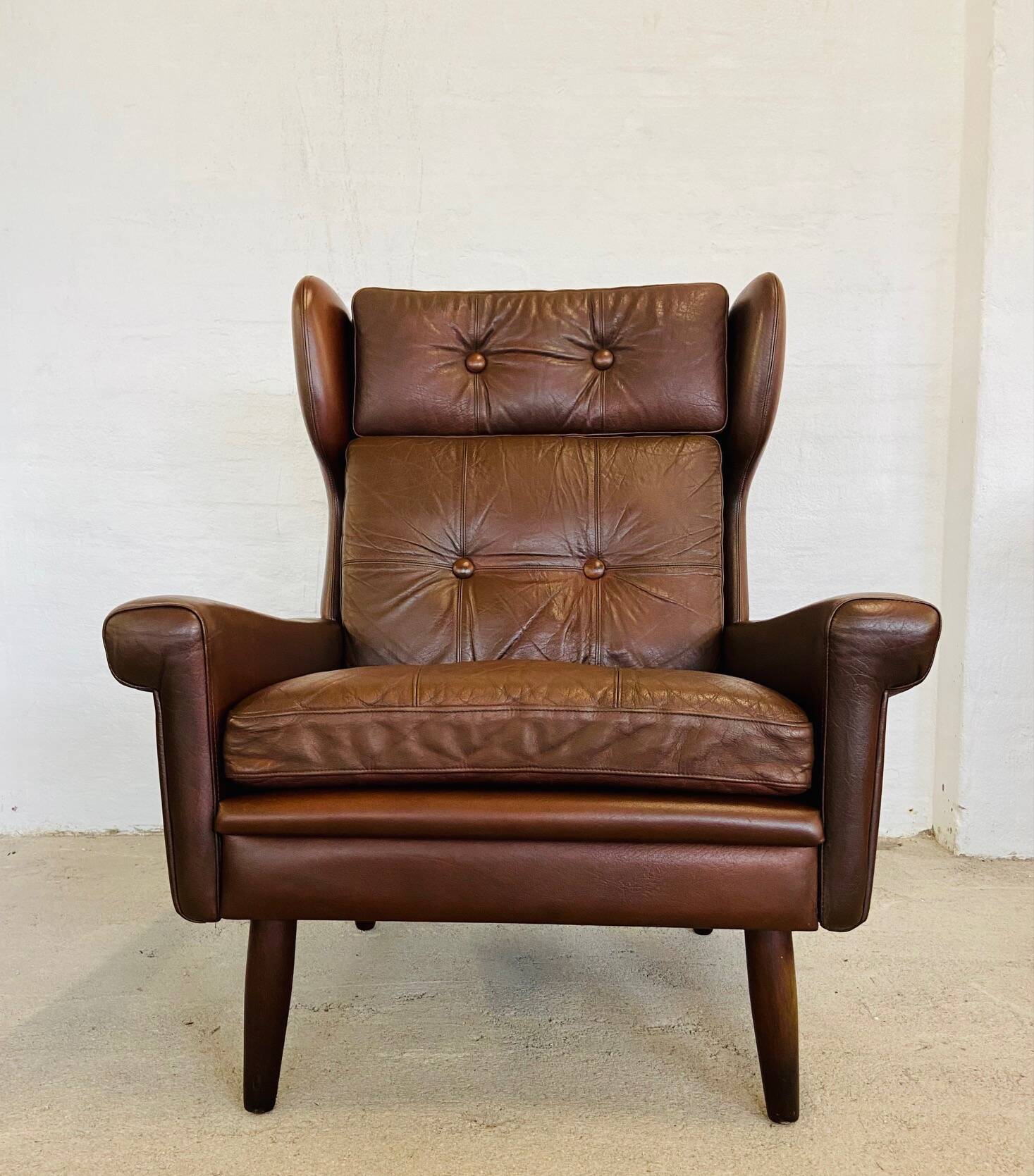 Vintage danish retro mid-century svend skipper cognac leather chair & stool 60s