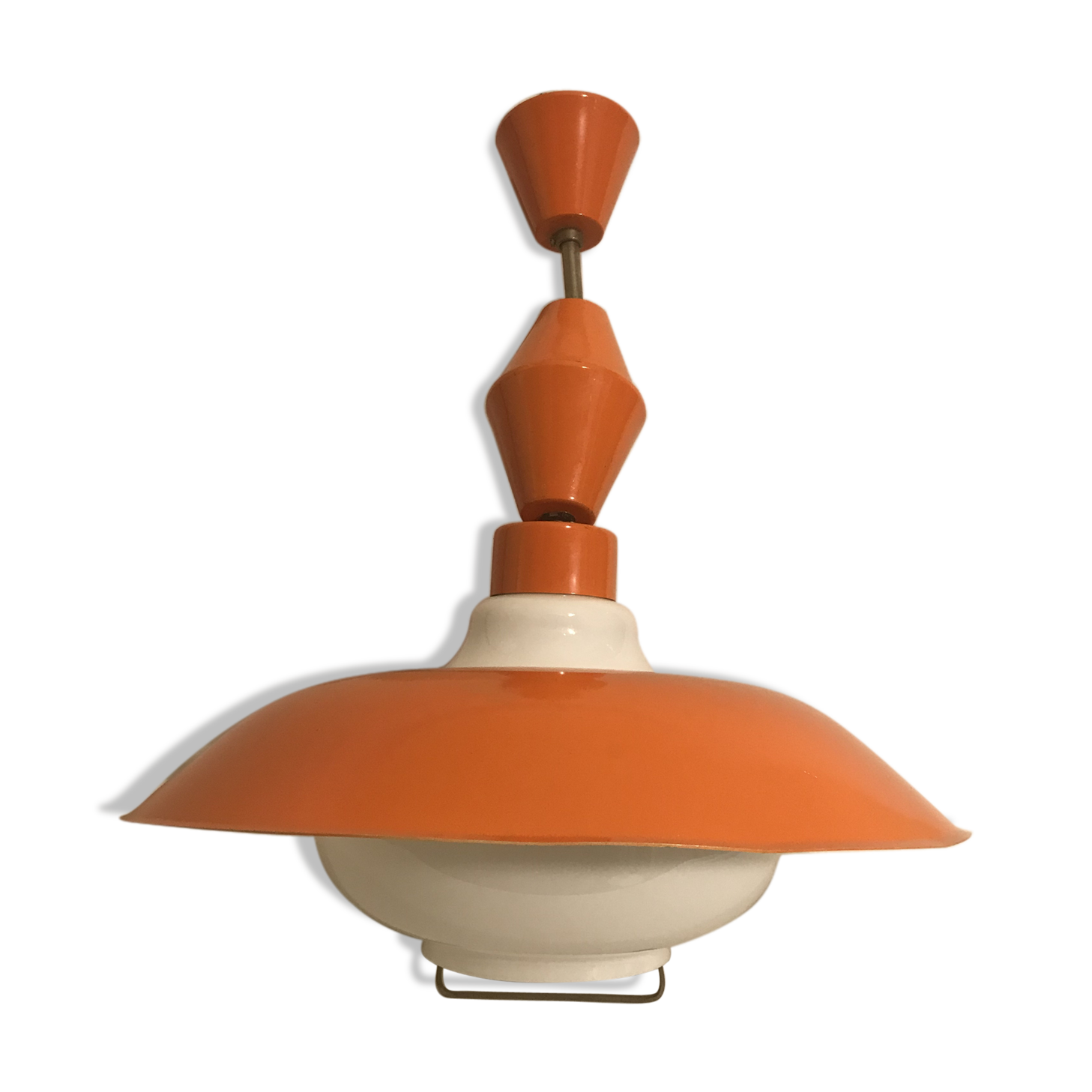 Hanging lamp old glass opal white, support & globe metal orange 70s vintage