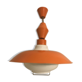 Suspension ancienne verre opalin blanc, support & globe métal orange annees 70 vintage