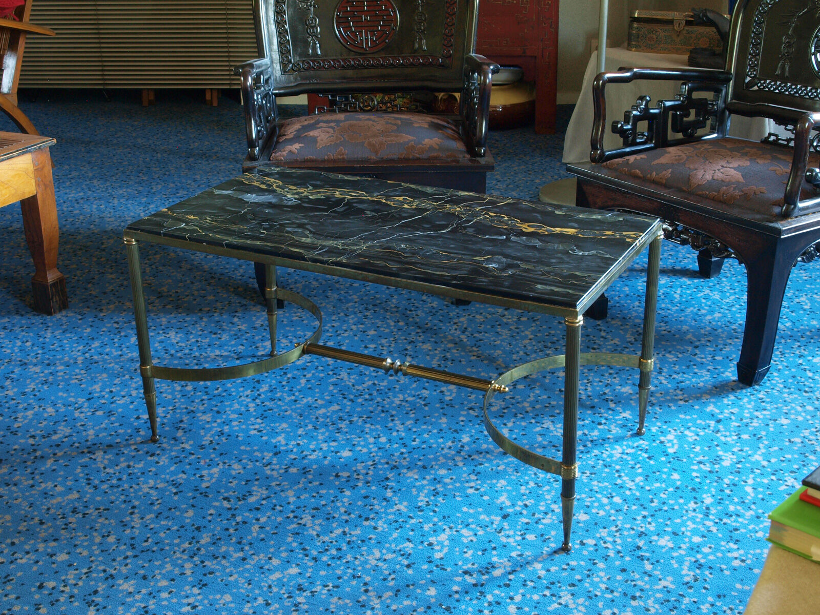 Table low neo classic bronze brass and Portoro marble