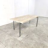 Table basse vintage en travertin et chrome, années 1970