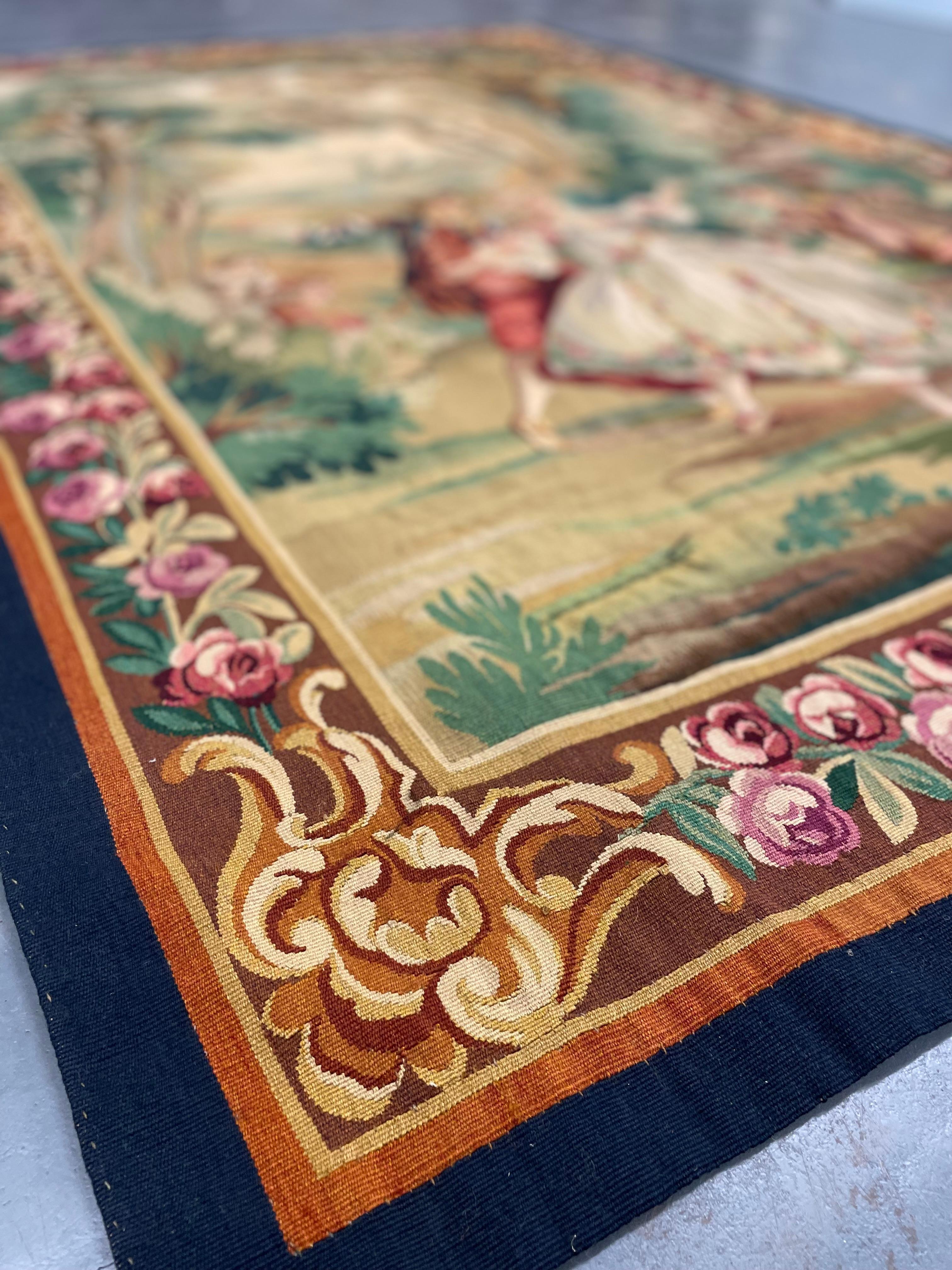 Tapisserie murale en laine de style français élégant avec verdure et scène de cour romantique