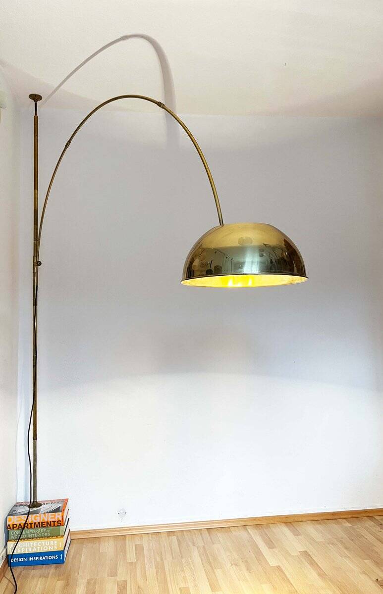 German Postmodern Vintage Brass Arc Floor Lamp with Clamp Rod attributed to Florian Schulz, 1970s