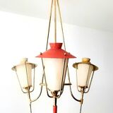 Three-arm pendant light in gilded brass and perforated metal by Maison Arlus Vintage from the 50s