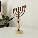 Vintage Hebrew Menorah Candlestick in Solid Brass and Onyx from the 60s