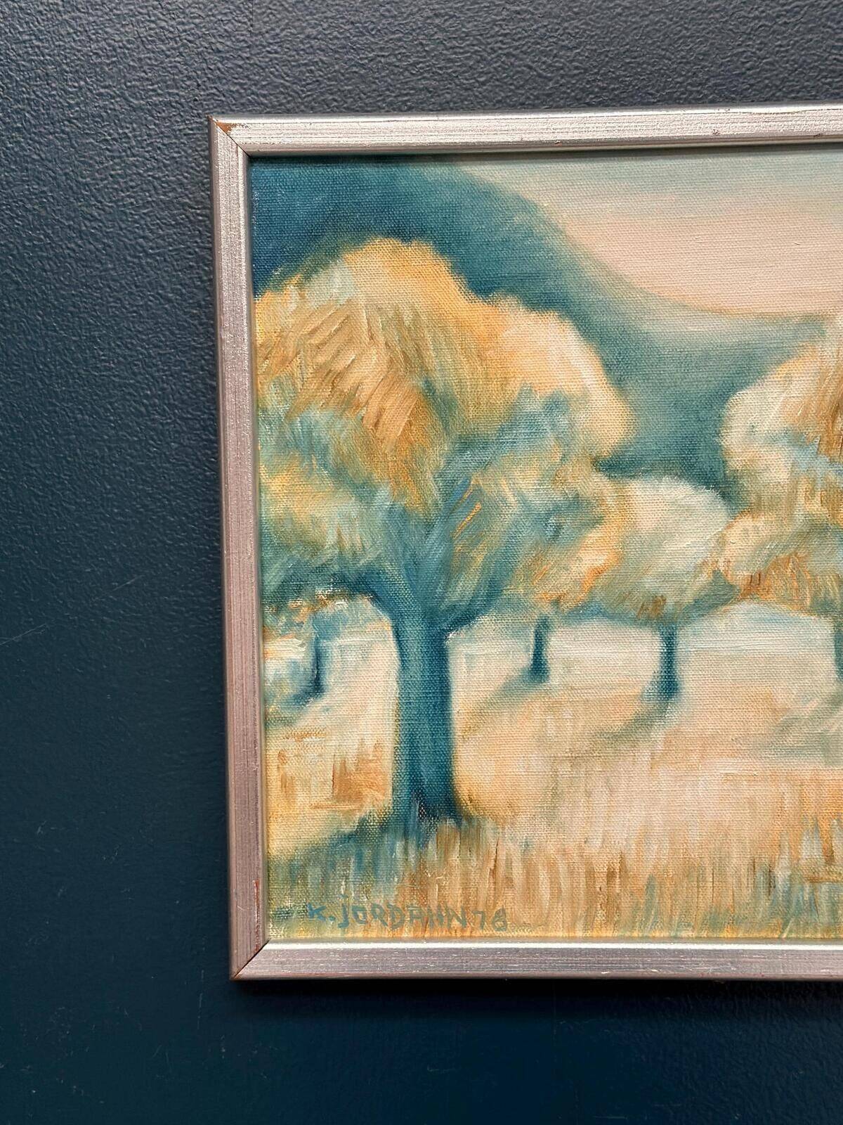 Huile sur toile originale suédoise – “Morgonljus” par Kjell Jordahn (1976) – Encadrée 33 × 32,5 cm (13" × 12,8")