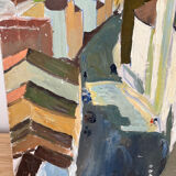 Castle in the rooftops, oil on wood panel, signed JA Dompierre.