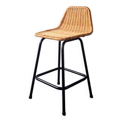 Tabouret bas modèle en osier et métal par Rohé Noordwolde, Pays-Bas 1960