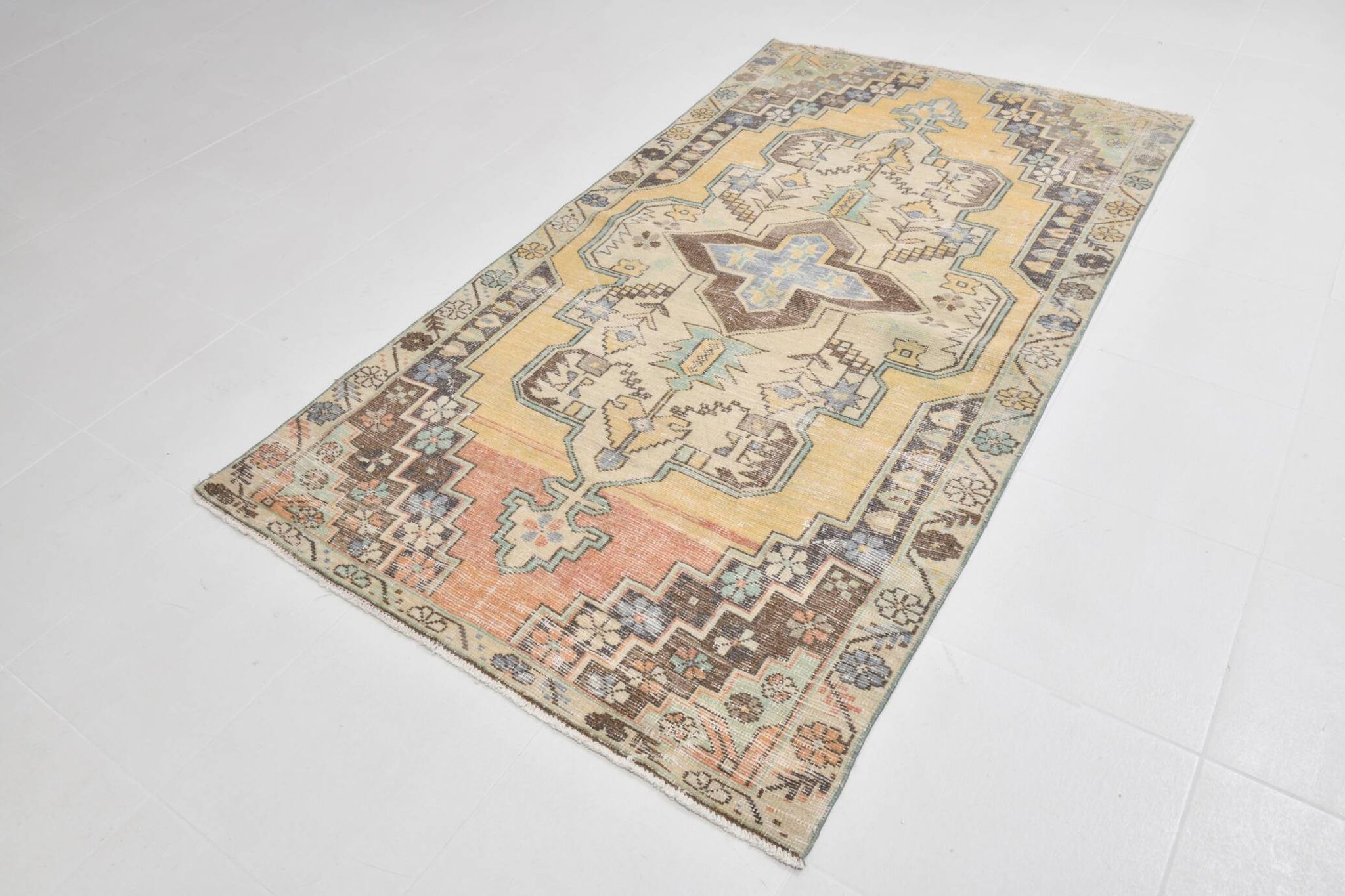 4x8 Mustard Yellow Wool Turkish Rug, Handmade Rug, 125x230Cm