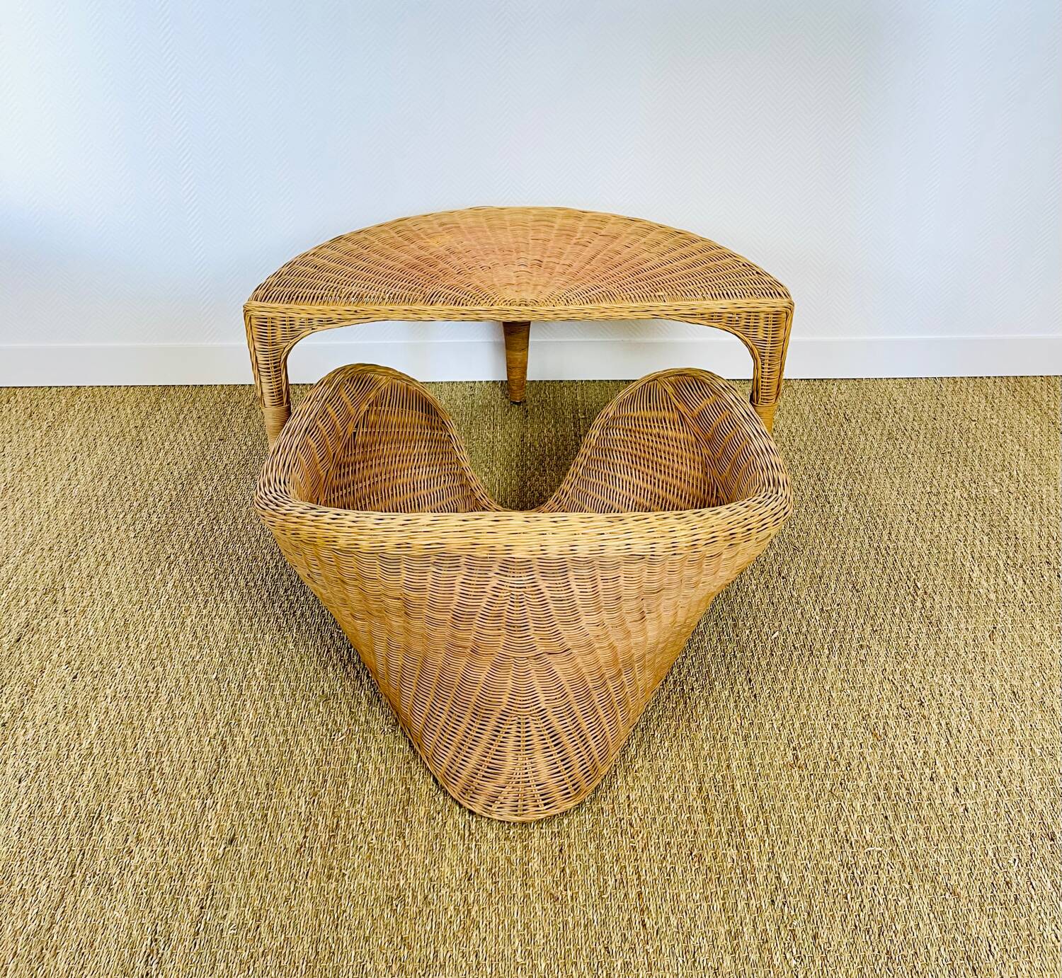Lotus meditation chair and rattan table, 1960s