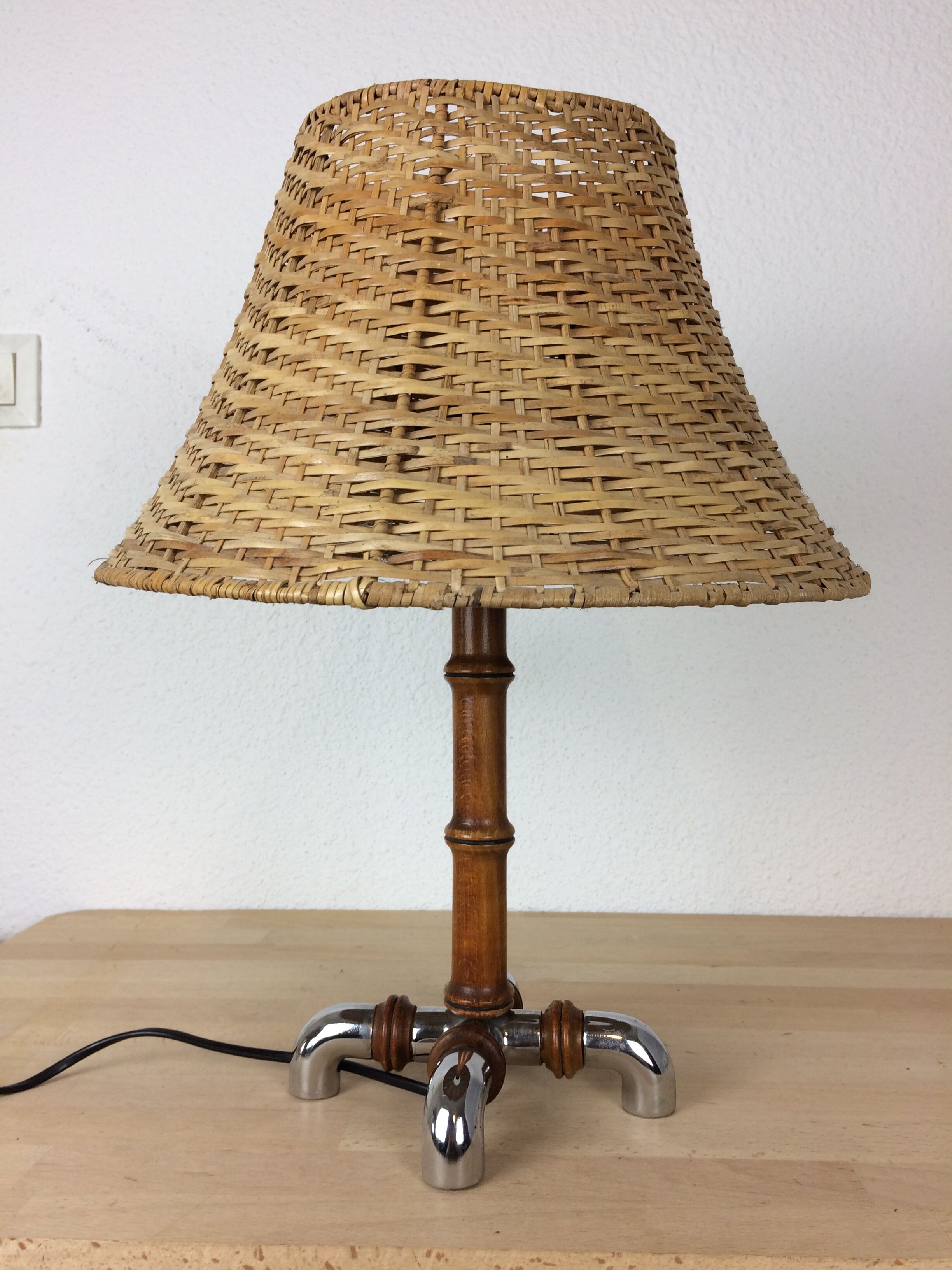 Organic wood lamp bamboo and chrome effect, 70s