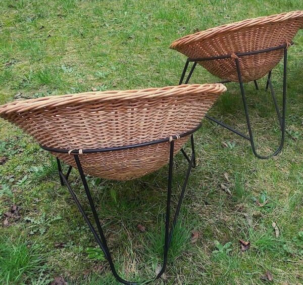 Paire de chaises pod en bambou et fer du milieu du siècle, années 1960