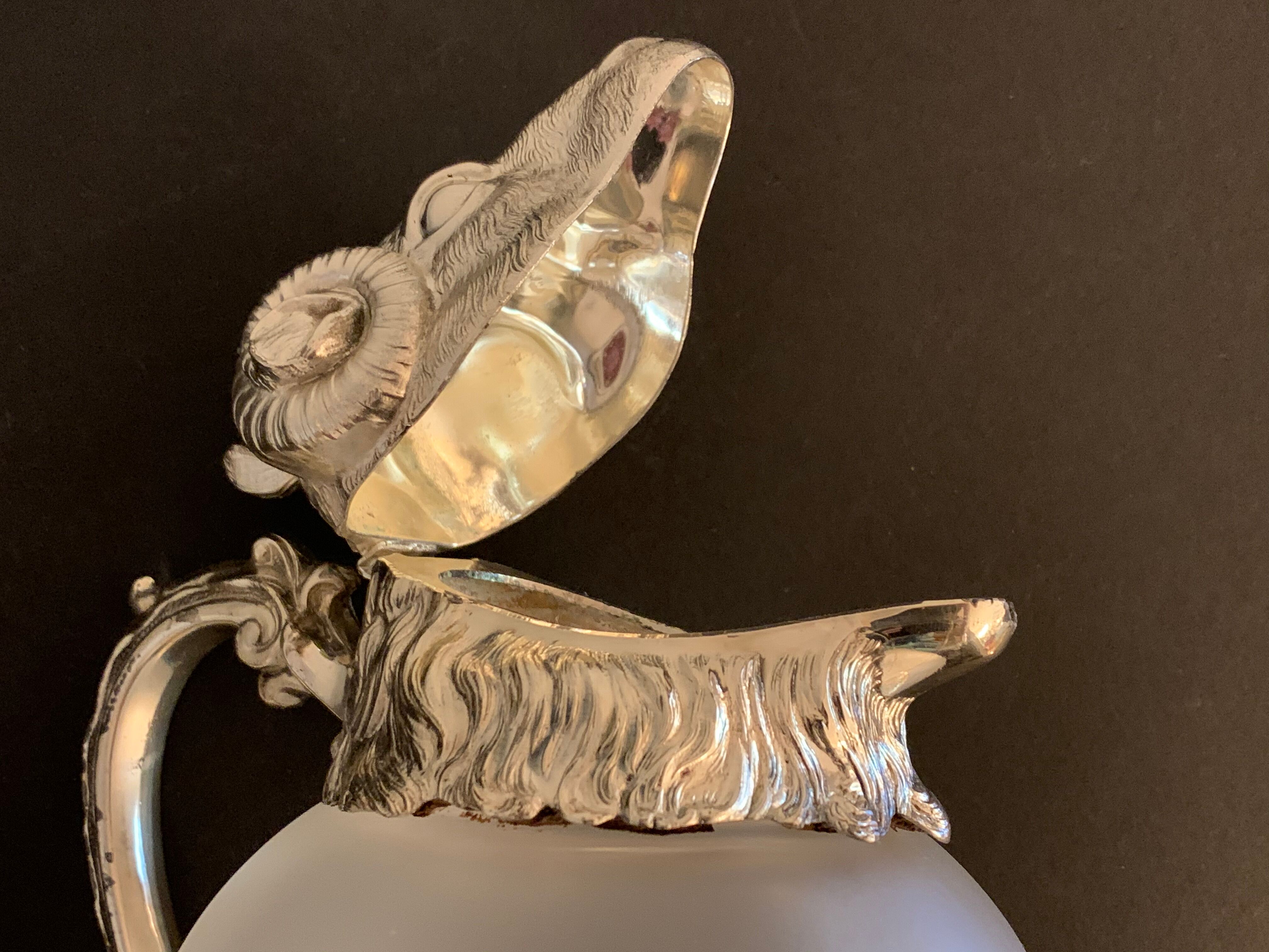 Decanting carafe or frosted glass water broc with silver metal ram head 1970