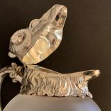 Decanting carafe or frosted glass water broc with silver metal ram head 1970