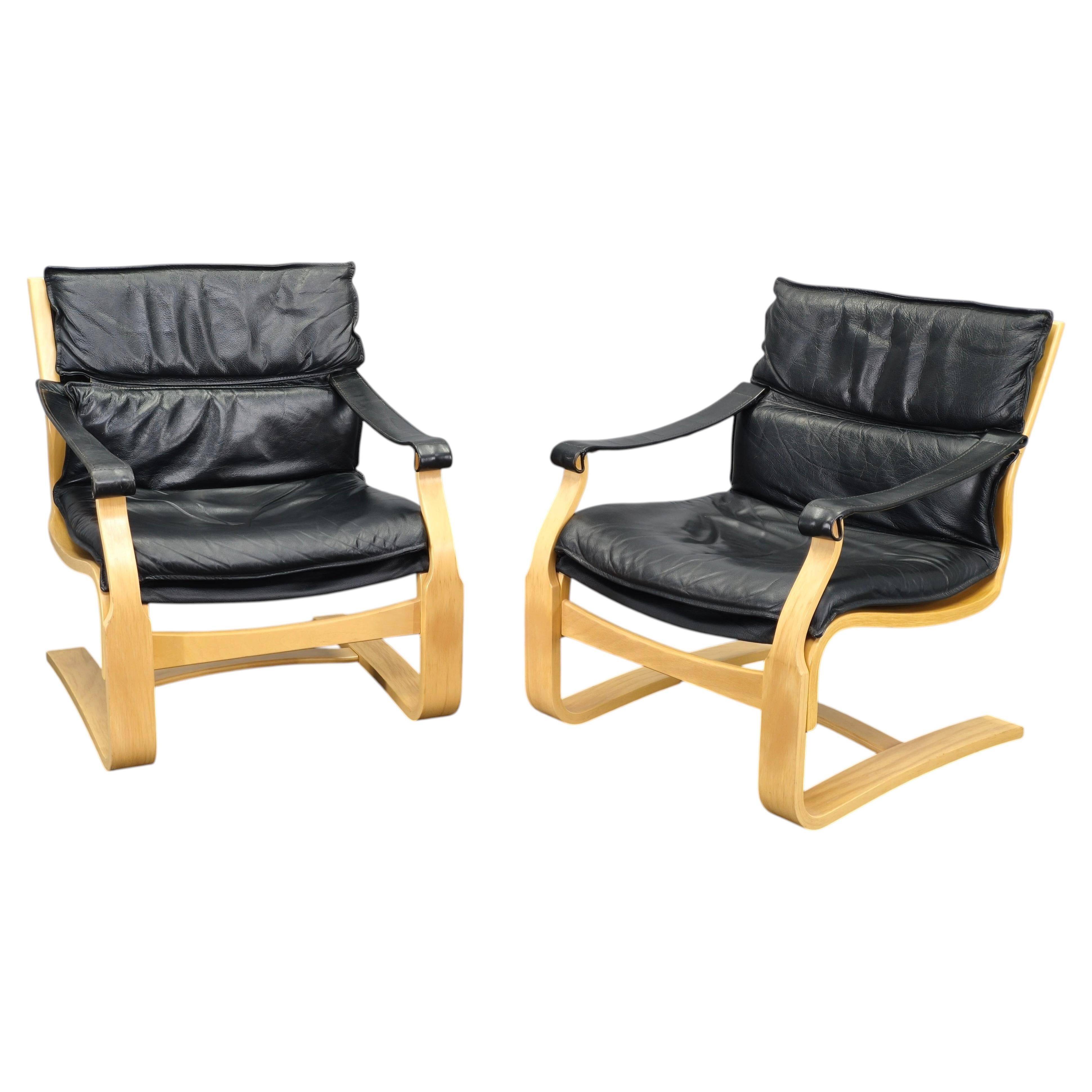 Pair of Leather Lounge Chairs by Åke Fribytter for Nelo Kroken 1960s