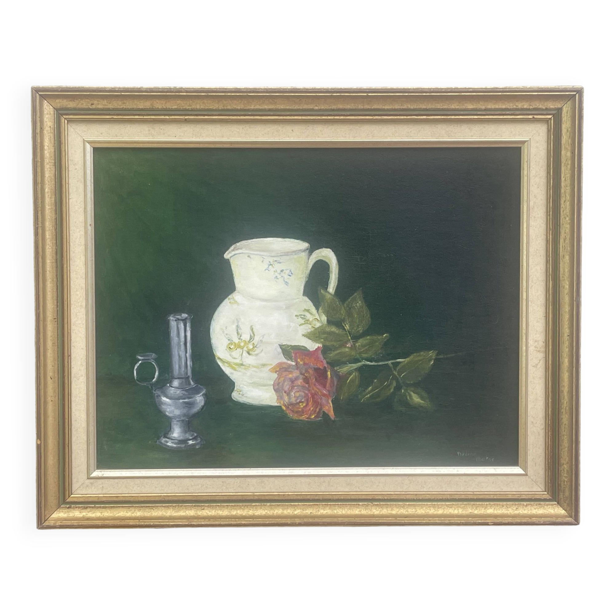 Painting Oil canvas mounted on panel, Still life, signed Nadine Chatre