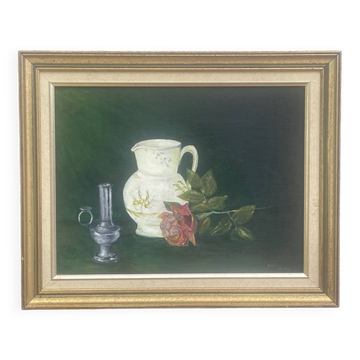 Tableau Huile toile marouflée sur panneau, Nature morte, signé Nadine Chatre